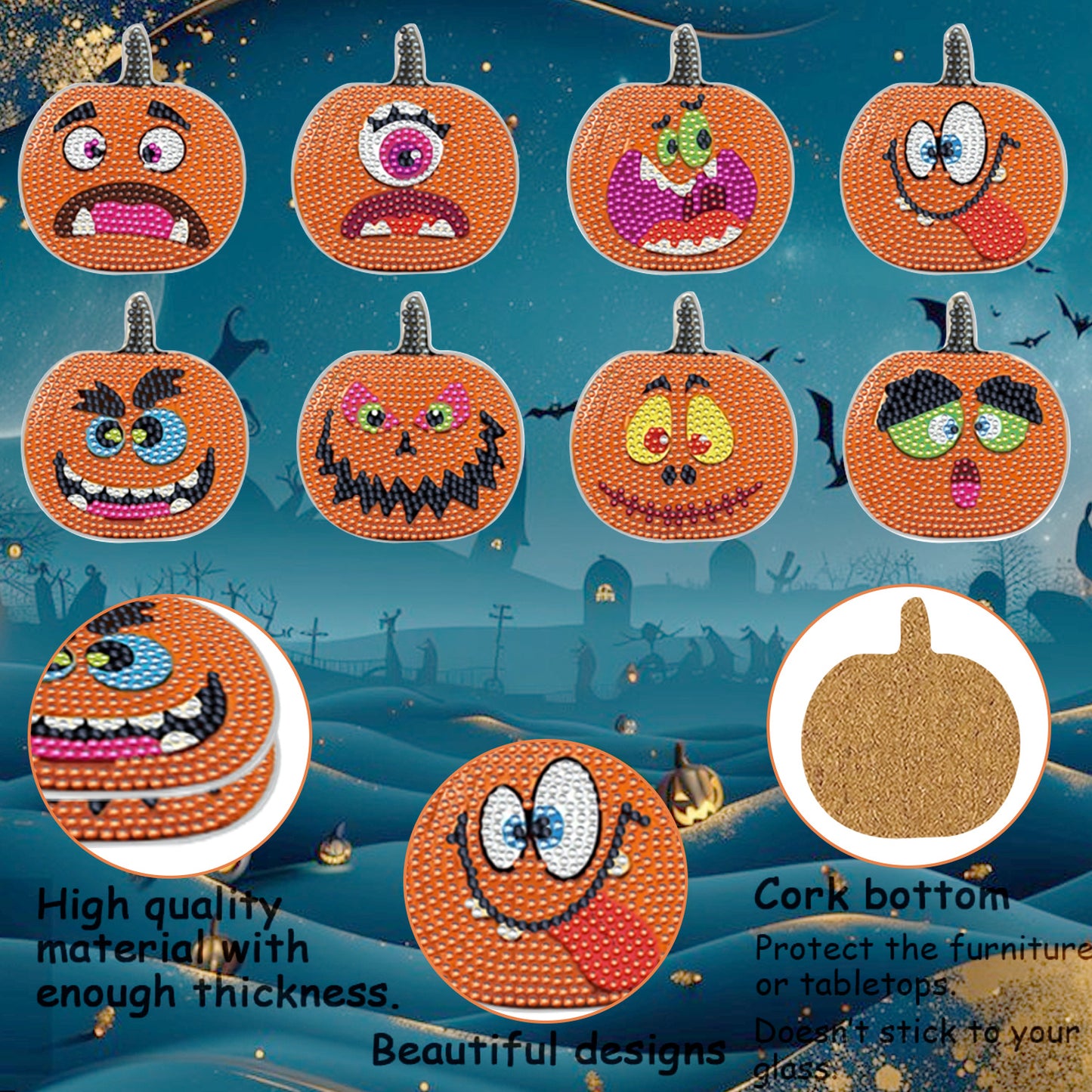 8 Packs Halloween Rhinestones Art Coasters