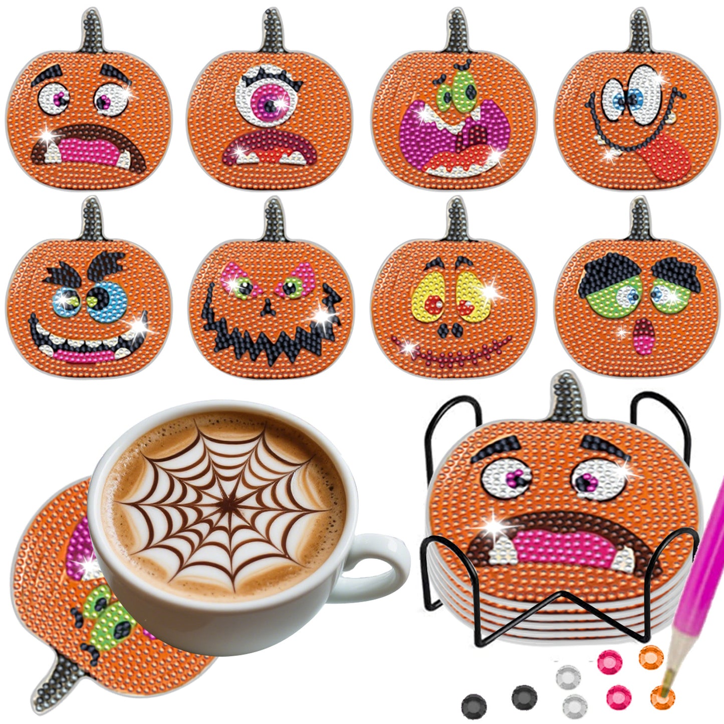 8 Packs Halloween Rhinestones Art Coasters